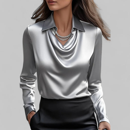 Elara Draped Neck Long Sleeve Satin Blouse