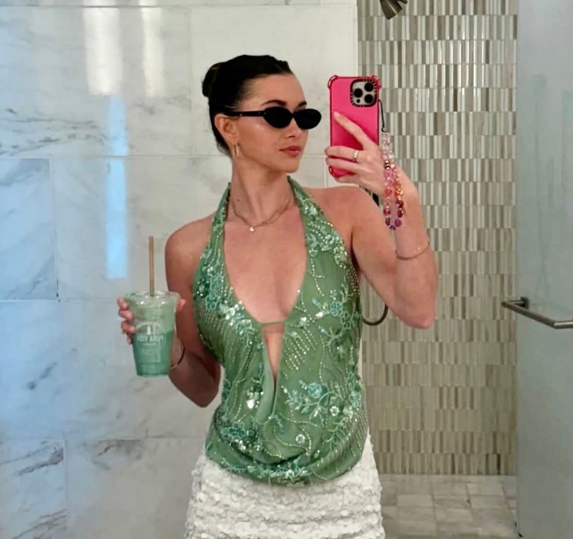emerald-green sequin halter top
