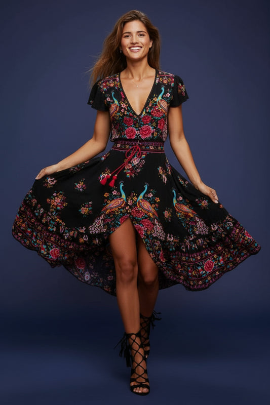 Woman in a floral dress walking on a sunlit street