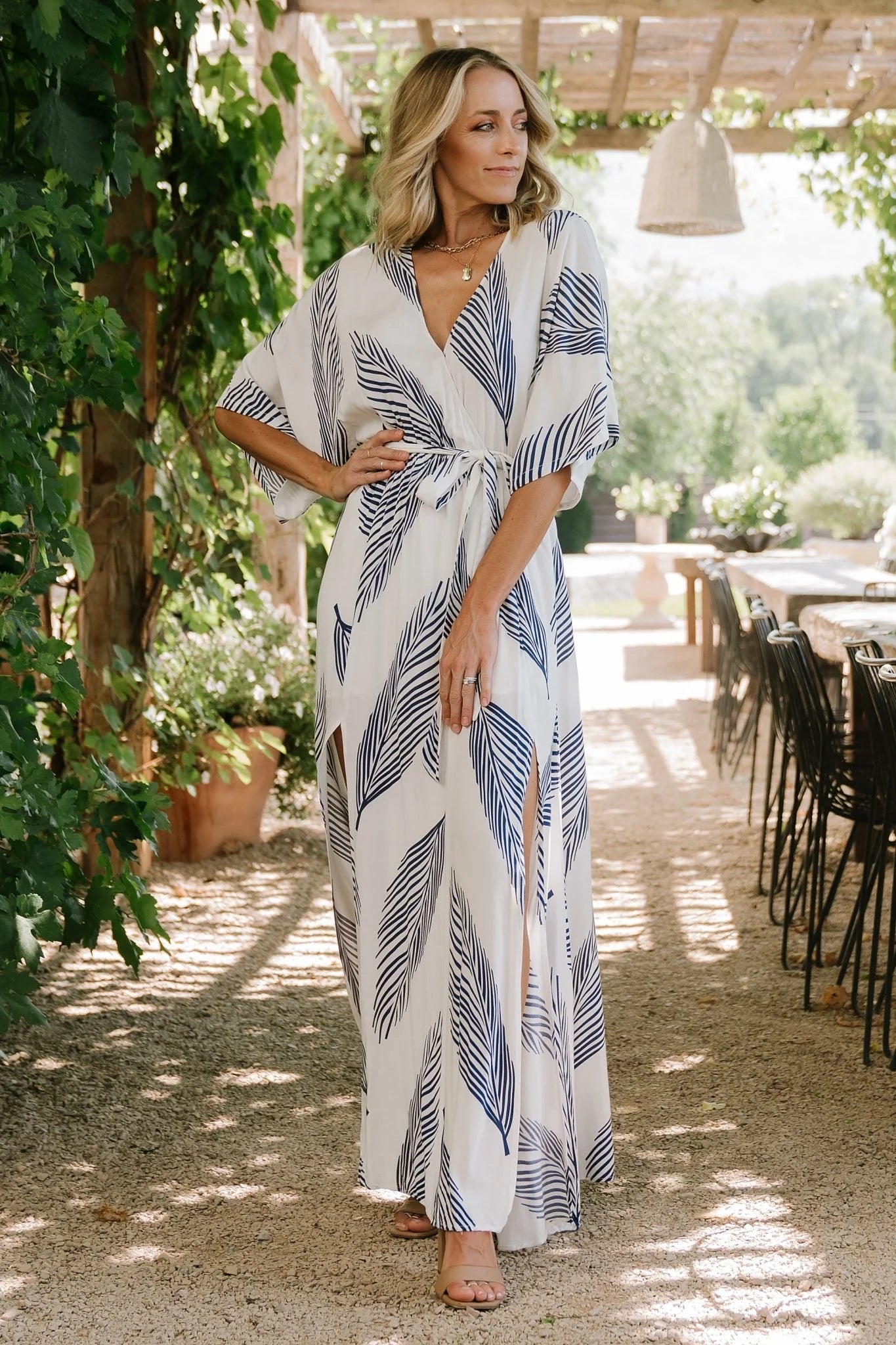 Navy leaf Print Maxi Dress
