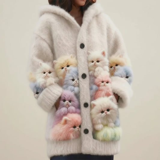 Lovely Fuzzy Colorful Cats Hooded Cardigan