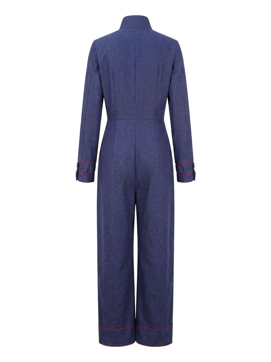 Genevieve Long-Sleeve Stand-Collar Wide-Leg Jumpsuit