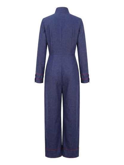 Genevieve Long-Sleeve Stand-Collar Wide-Leg Jumpsuit