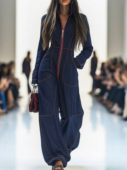 Genevieve Long-Sleeve Stand-Collar Wide-Leg Jumpsuit