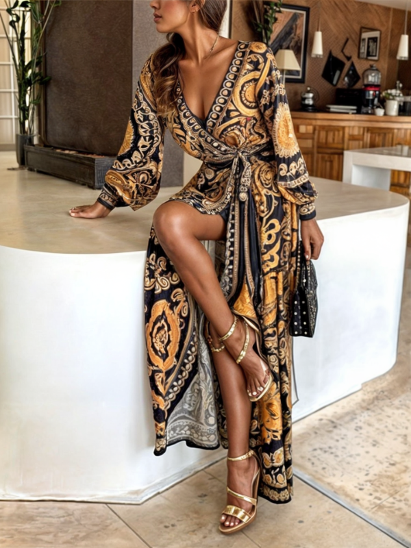 Bohemian Gold Print Slit Maxi Dress