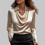 Elara Draped Neck Long Sleeve Satin Blouse
