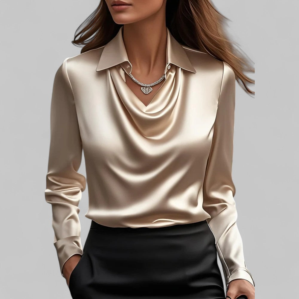 Elara Draped Neck Long Sleeve Satin Blouse