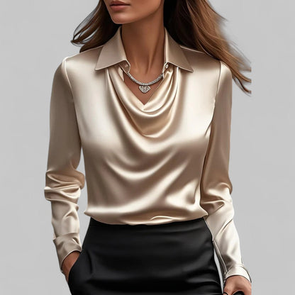 Elara Draped Neck Long Sleeve Satin Blouse