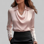 Elara Draped Neck Long Sleeve Satin Blouse