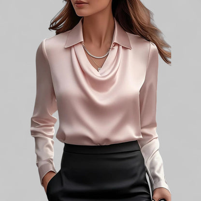 Elara Draped Neck Long Sleeve Satin Blouse