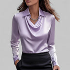 Elara Draped Neck Long Sleeve Satin Blouse