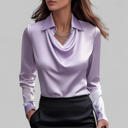 Elara Draped Neck Long Sleeve Satin Blouse