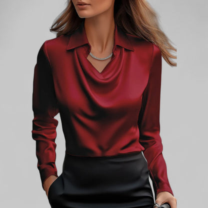 Elara Draped Neck Long Sleeve Satin Blouse