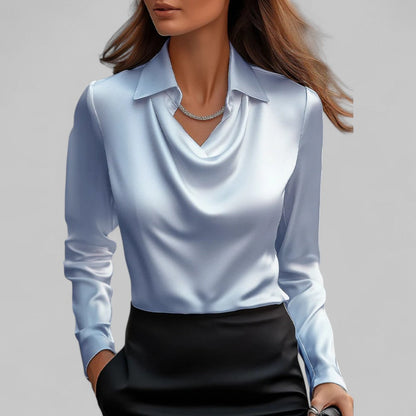 Elara Draped Neck Long Sleeve Satin Blouse