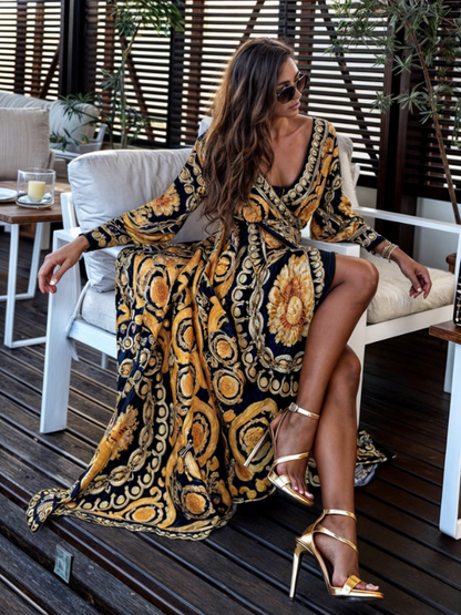 Bohemian Gold Print Slit Maxi Dress