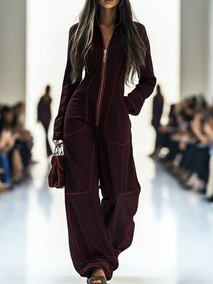 Genevieve Long-Sleeve Stand-Collar Wide-Leg Jumpsuit