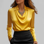 Elara Draped Neck Long Sleeve Satin Blouse