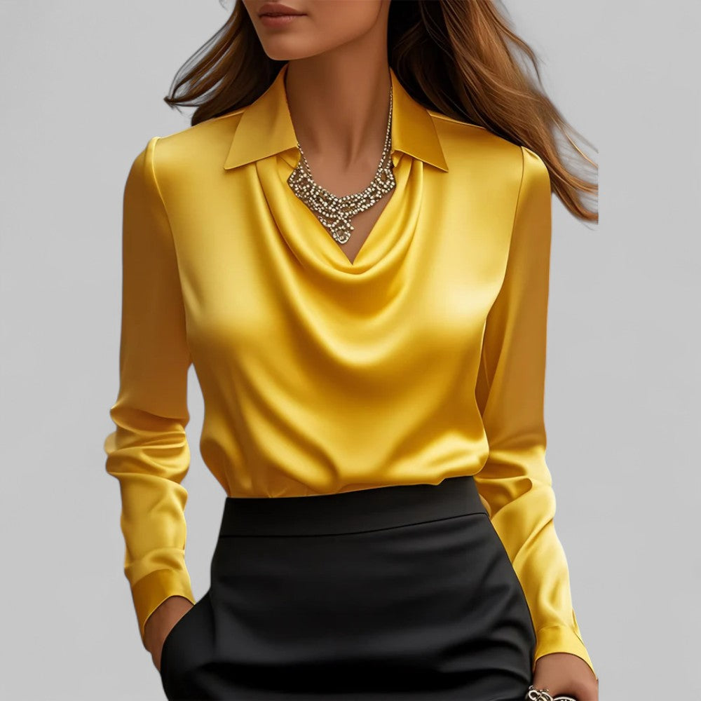 Elara Draped Neck Long Sleeve Satin Blouse