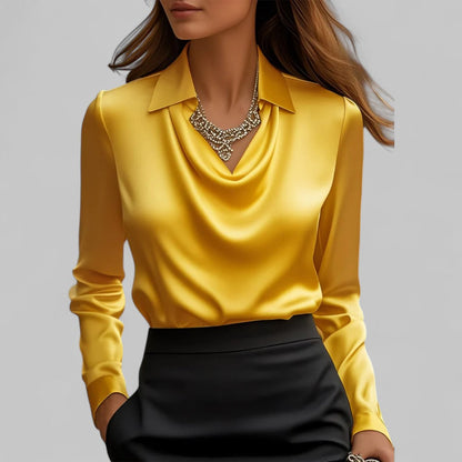 Elara Draped Neck Long Sleeve Satin Blouse