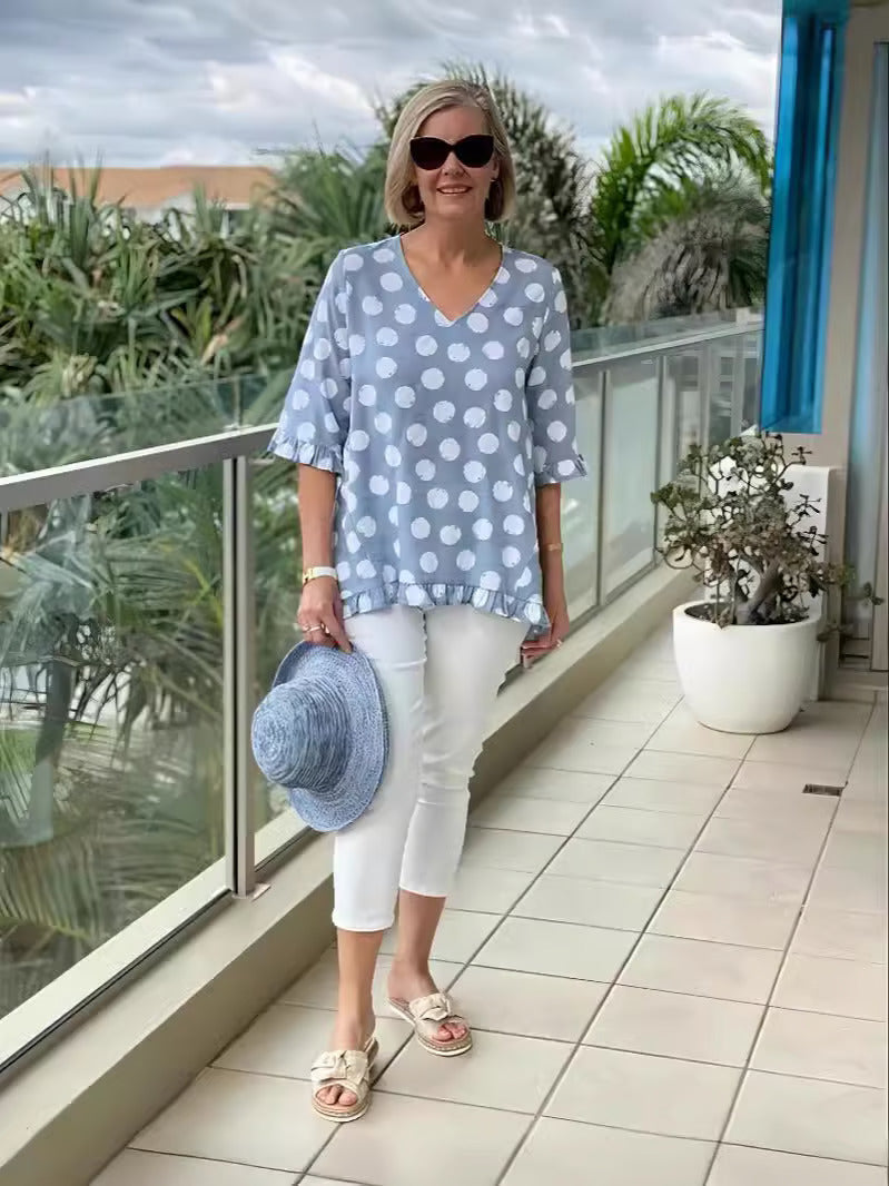 Evelyn Polka Dot V-neck Blouse