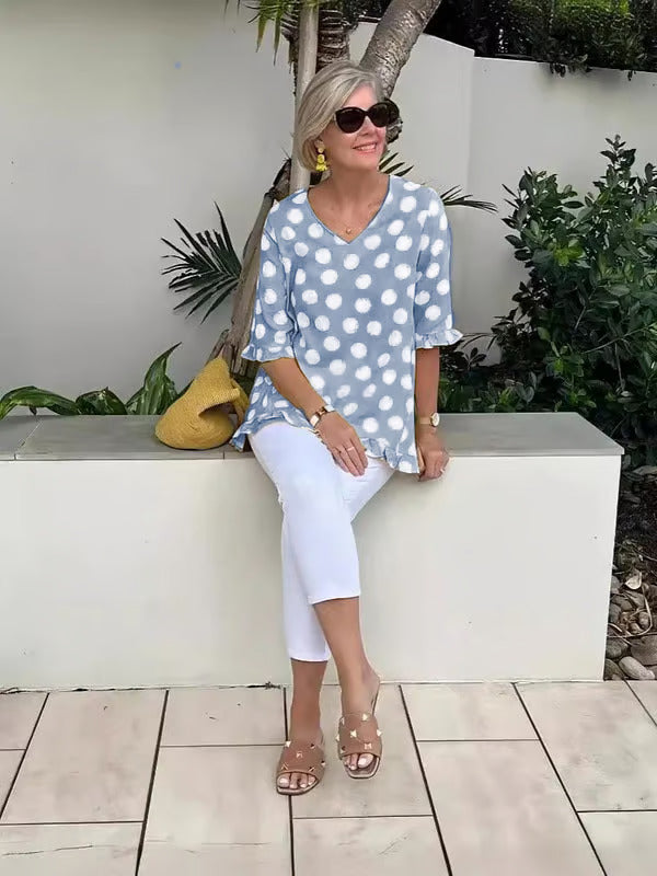 Evelyn Polka Dot V-neck Blouse