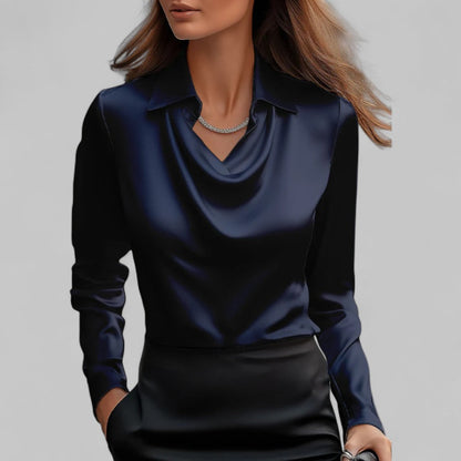 Elara Draped Neck Long Sleeve Satin Blouse