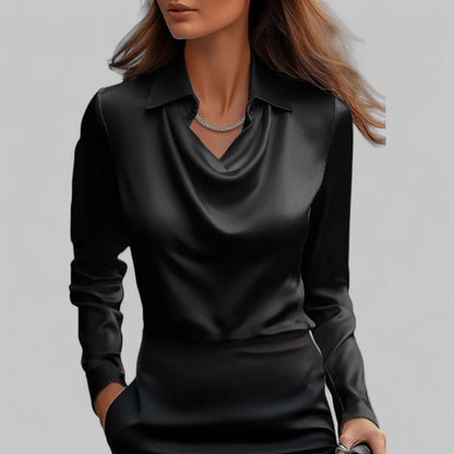 Elara Draped Neck Long Sleeve Satin Blouse