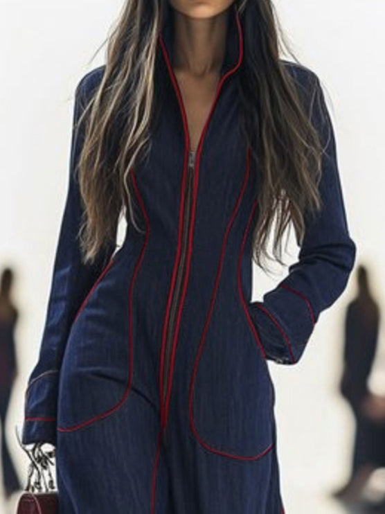 Genevieve Long-Sleeve Stand-Collar Wide-Leg Jumpsuit