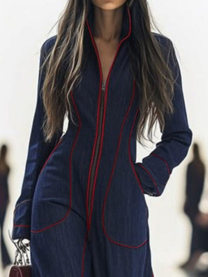 Genevieve Long-Sleeve Stand-Collar Wide-Leg Jumpsuit