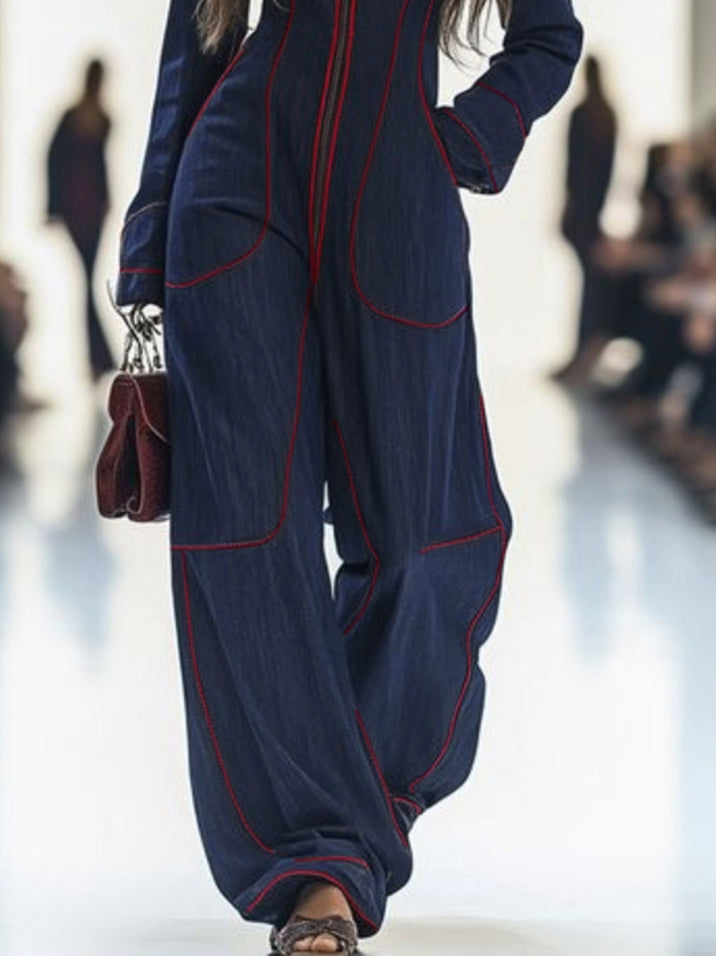 Genevieve Long-Sleeve Stand-Collar Wide-Leg Jumpsuit