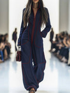 Genevieve Long-Sleeve Stand-Collar Wide-Leg Jumpsuit