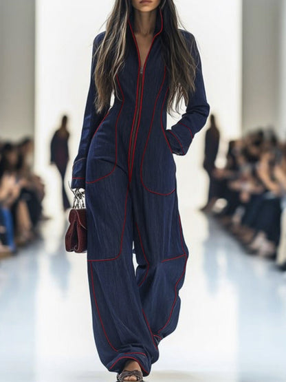 Genevieve Long-Sleeve Stand-Collar Wide-Leg Jumpsuit