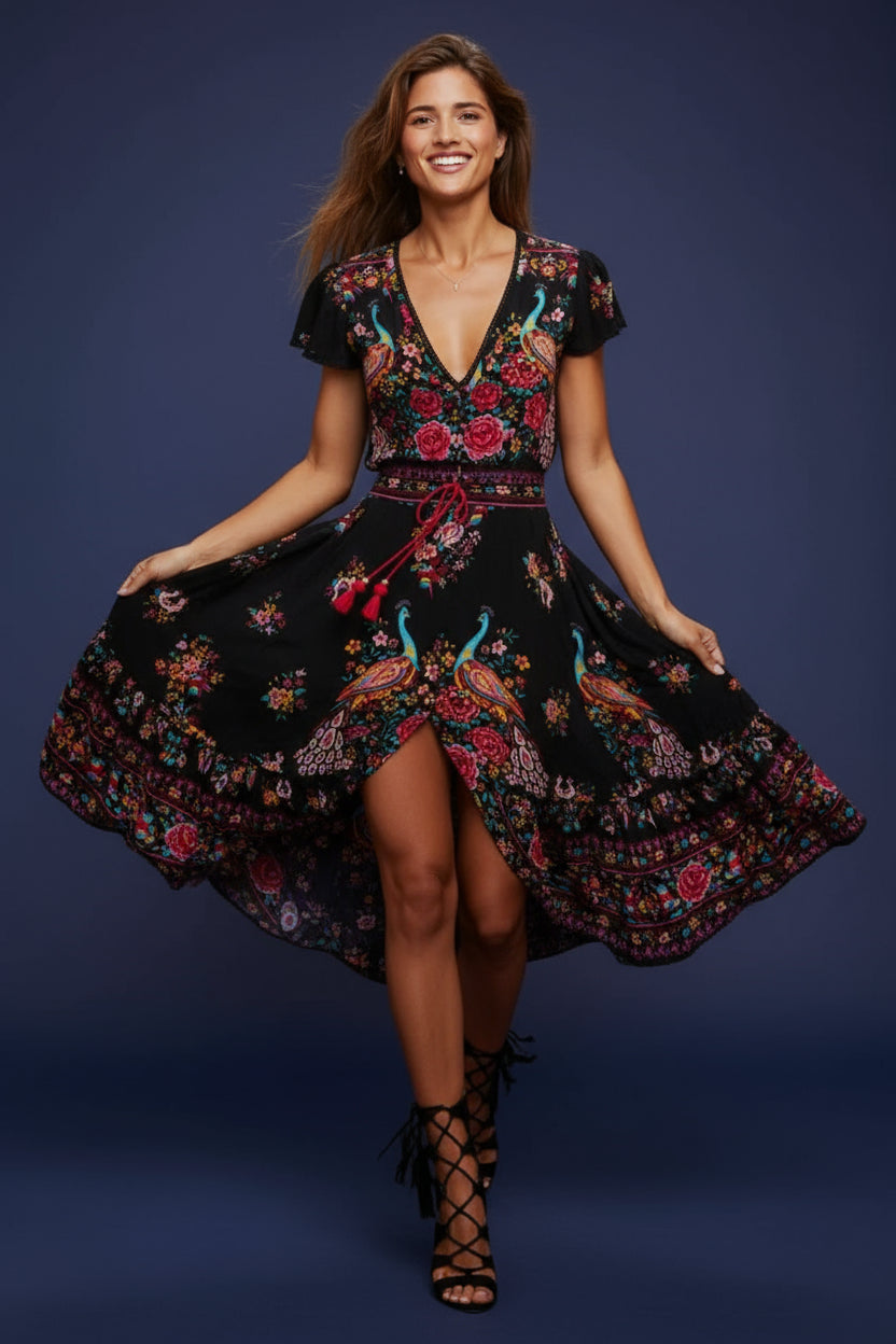 Woman in a floral dress walking on a sunlit street