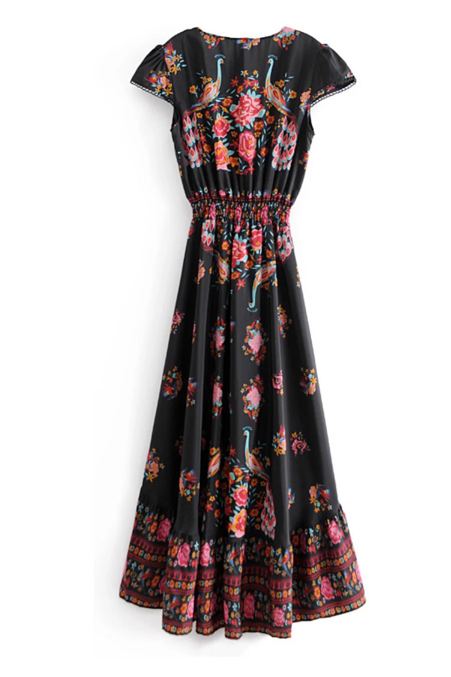 Black dress with colorful floral pattern on a white background