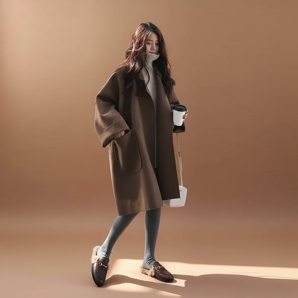 Woman in a brown coat holding a coffee cup against a white wall.