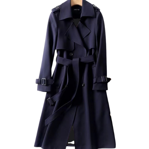 Navy blue trench coat on a white background