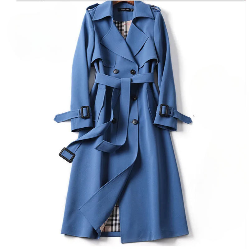 Blue trench coat with a plaid pattern lining on a white background