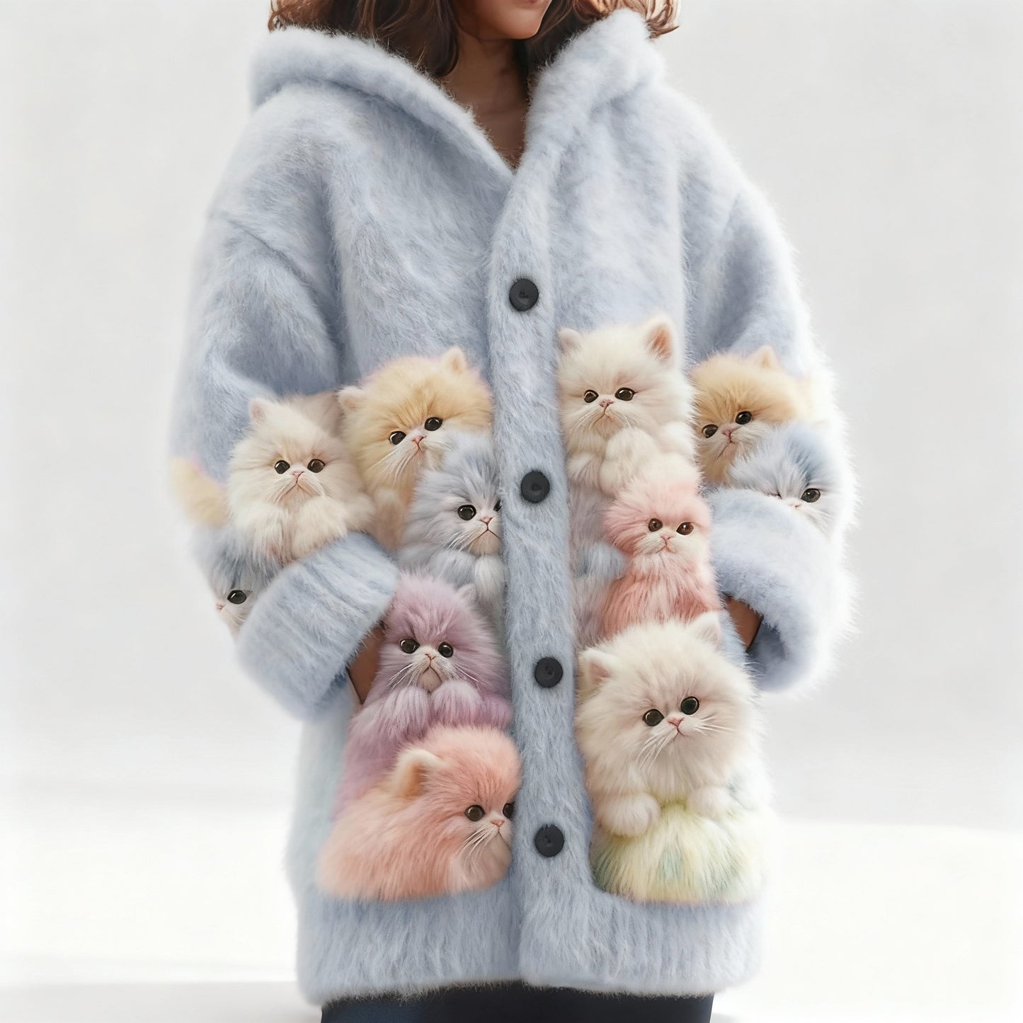 Lovely Fuzzy Colorful Cats Hooded Cardigan