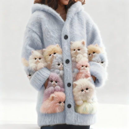 Lovely Fuzzy Colorful Cats Hooded Cardigan