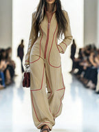 Genevieve Long-Sleeve Stand-Collar Wide-Leg Jumpsuit