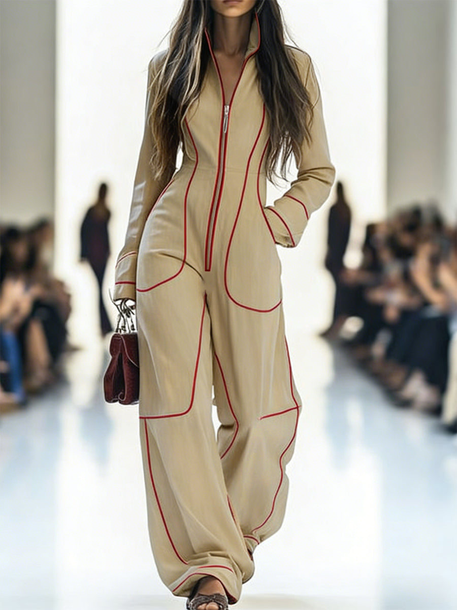 Genevieve Long-Sleeve Stand-Collar Wide-Leg Jumpsuit