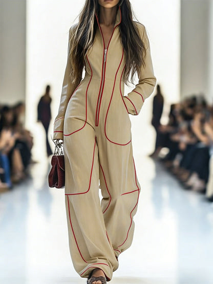 Genevieve Long-Sleeve Stand-Collar Wide-Leg Jumpsuit