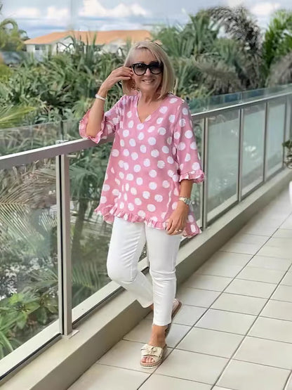 Evelyn Polka Dot V-neck Blouse