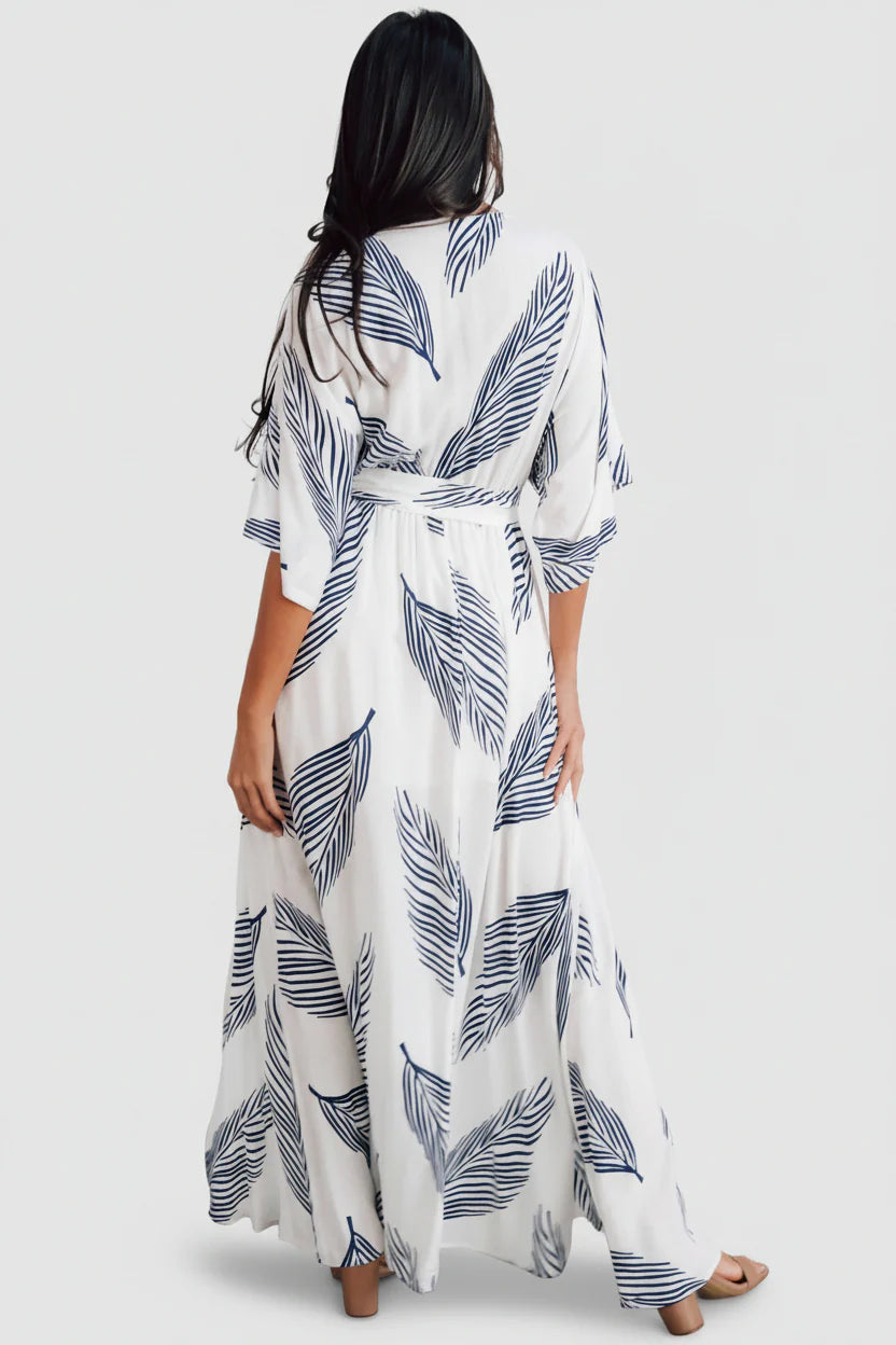 Navy  leaf Print Maxi Dress