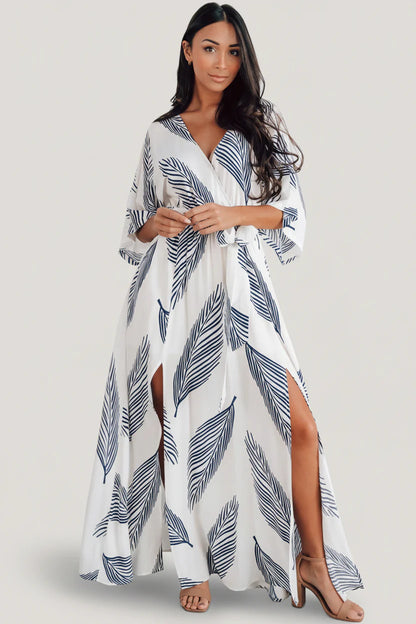 Navy  leaf Print Maxi Dress