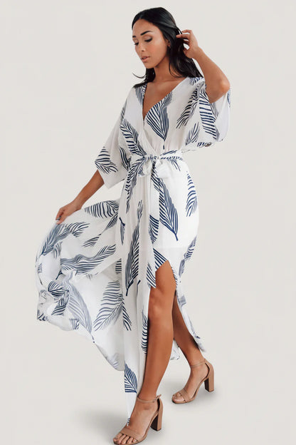 Navy  leaf Print Maxi Dress