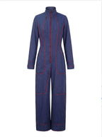 Genevieve Long-Sleeve Stand-Collar Wide-Leg Jumpsuit