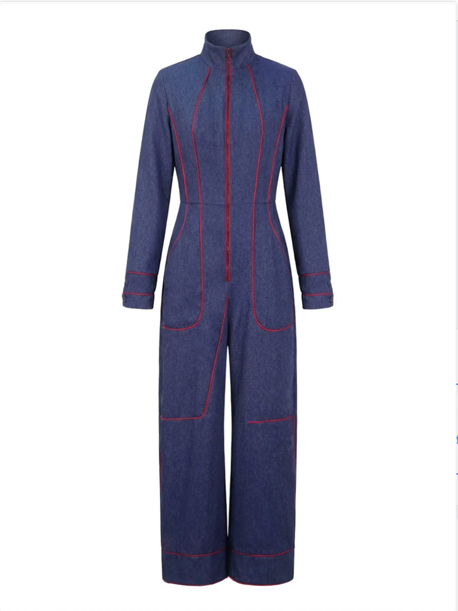 Genevieve Long-Sleeve Stand-Collar Wide-Leg Jumpsuit