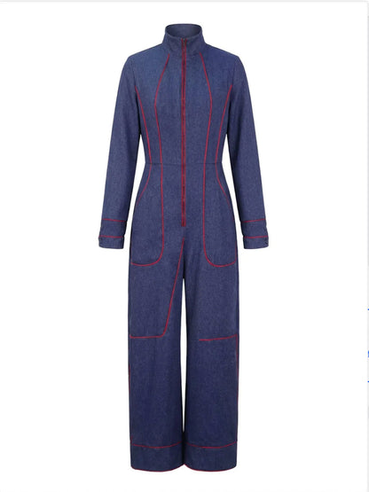 Genevieve Long-Sleeve Stand-Collar Wide-Leg Jumpsuit