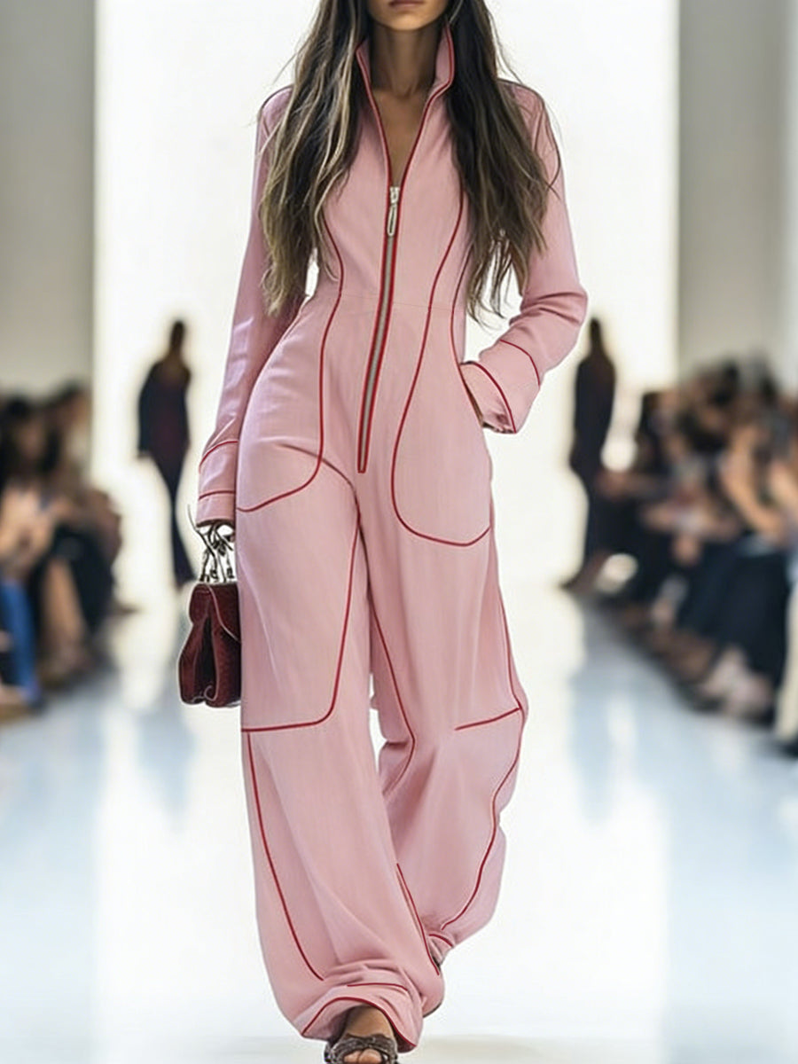 Genevieve Long-Sleeve Stand-Collar Wide-Leg Jumpsuit